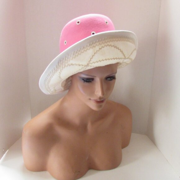 Vintage 1970 Era Hat High Crown Pink Felt White Brim main image 7